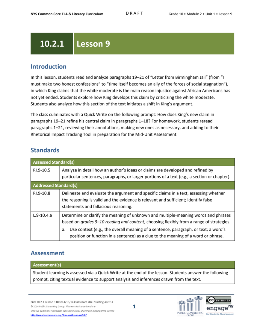 Grade 10 ELA Module 2: Unit 1, Lesson 9 Lesson Plan