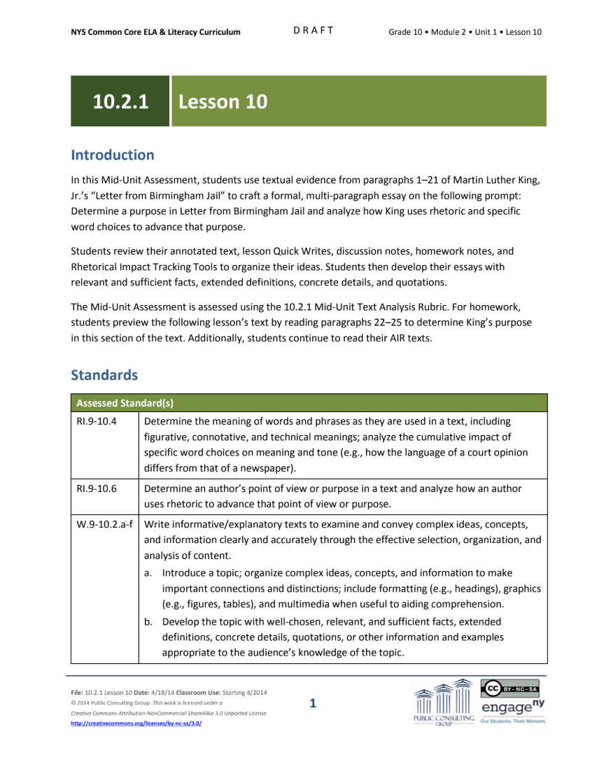 Grade 10 ELA Module 2: Unit 1, Lesson 10 Lesson Plan