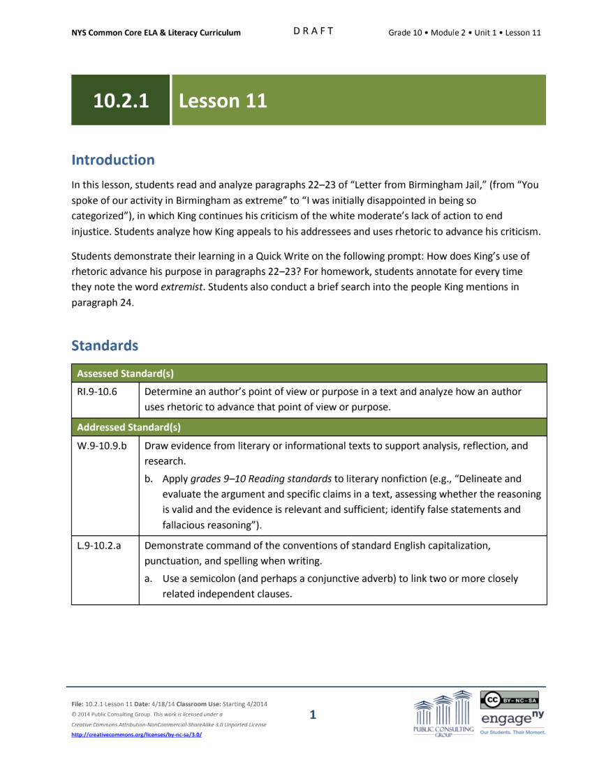 Grade 10 ELA Module 2: Unit 1, Lesson 11 Lesson Plan