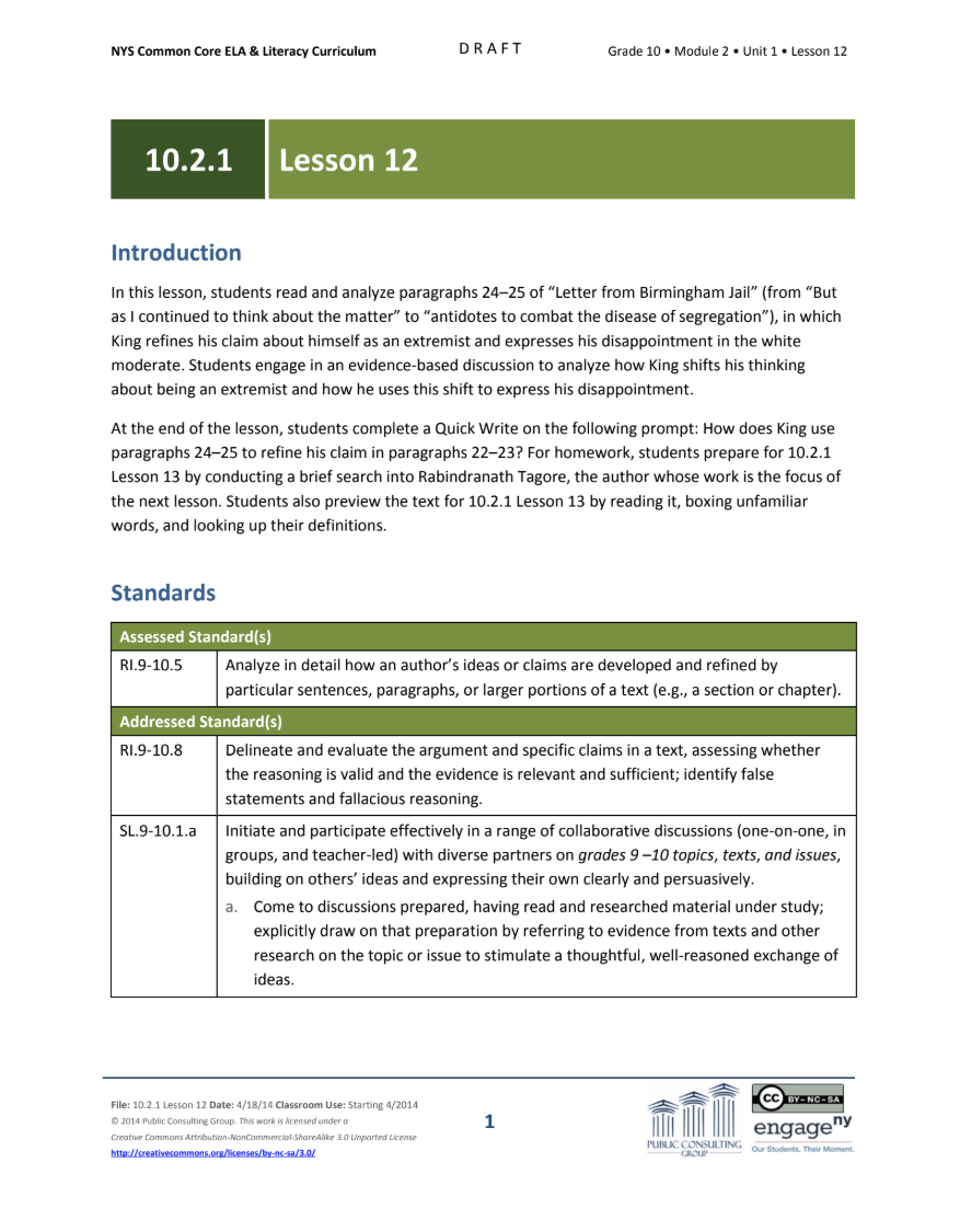 Grade 10 ELA Module 2: Unit 1, Lesson 12 Lesson Plan