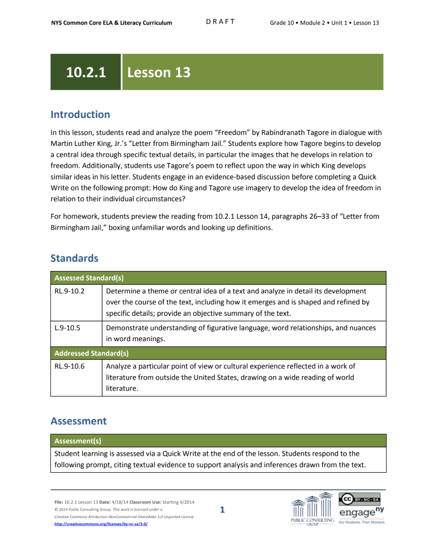 Grade 10 ELA Module 2: Unit 1, Lesson 13 Lesson Plan