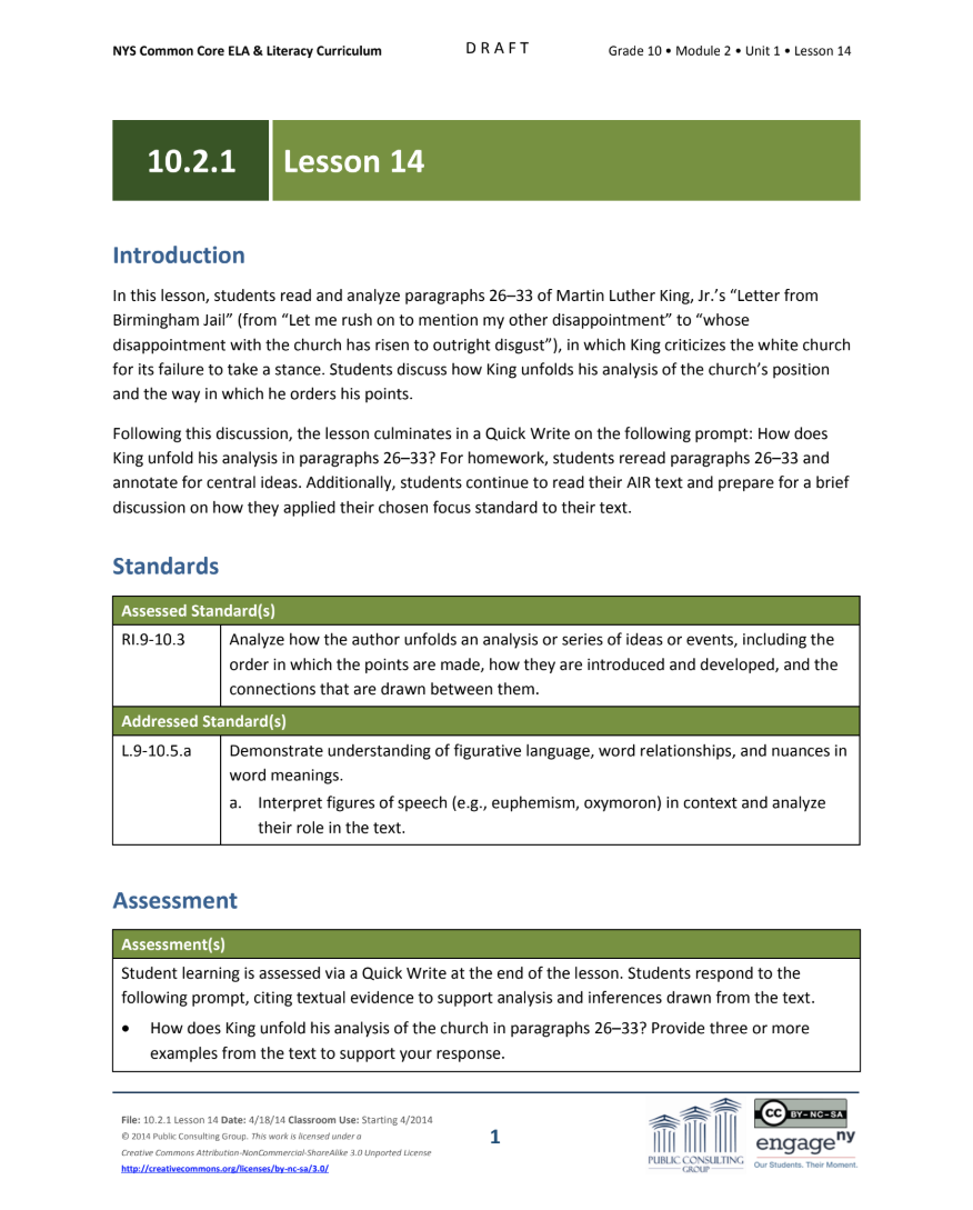 Grade 10 ELA Module 2: Unit 1, Lesson 14 Lesson Plan