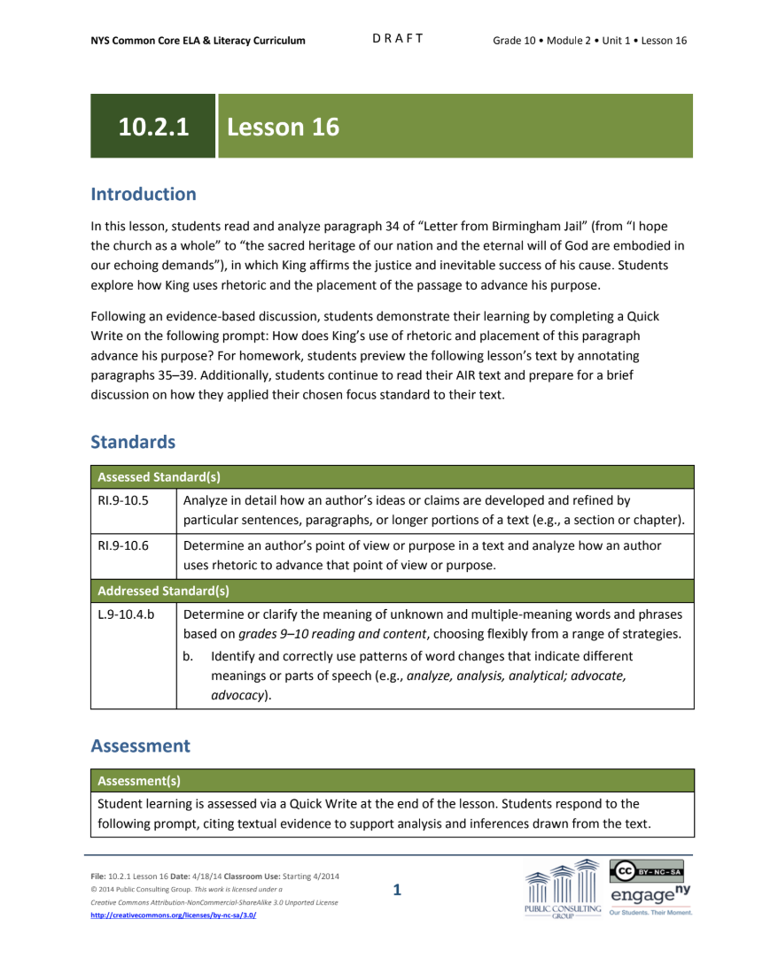Grade 10 ELA Module 2: Unit 1, Lesson 16 Lesson Plan
