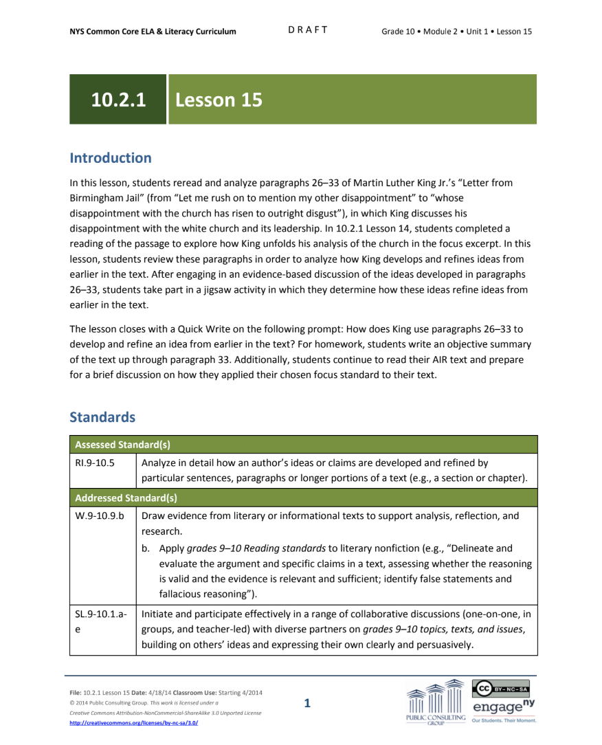 Grade 10 ELA Module 2: Unit 1, Lesson 15 Lesson Plan
