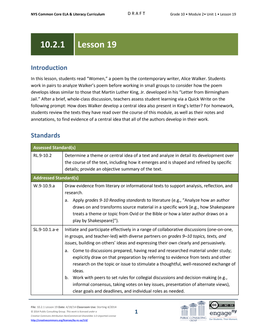 Grade 10 ELA Module 2: Unit 1, Lesson 19 Lesson Plan