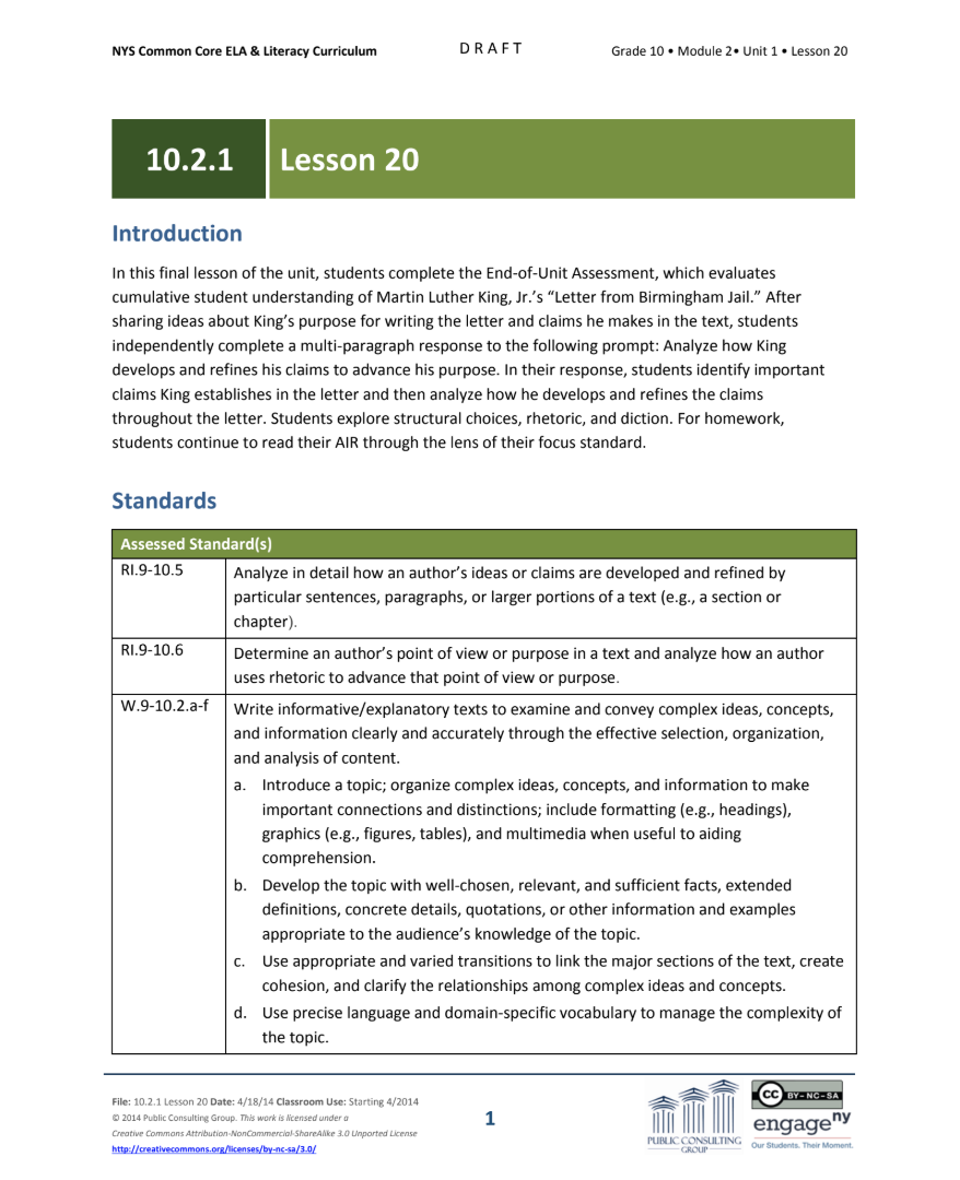 Grade 10 ELA Module 2: Unit 1, Lesson 20 Lesson Plan