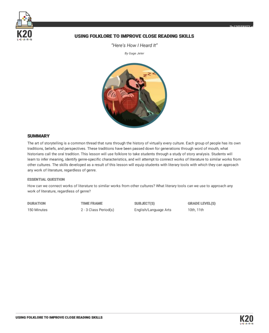 Here's How I Heard It: Using Folklore To Improve Close Reading Skills Lesson Plan
