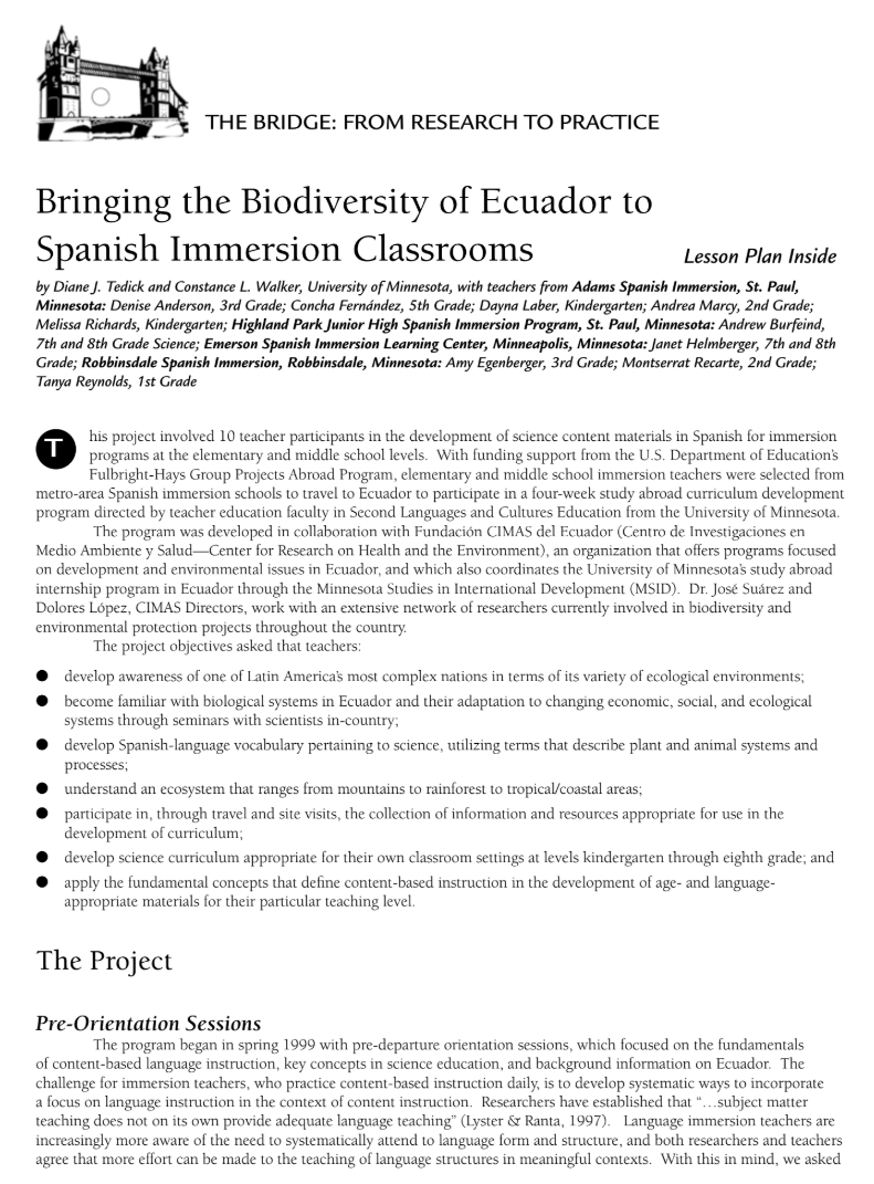 Bringing the Biodiversity of Ecuador to Spanish Immersion Classrooms Lesson Plan