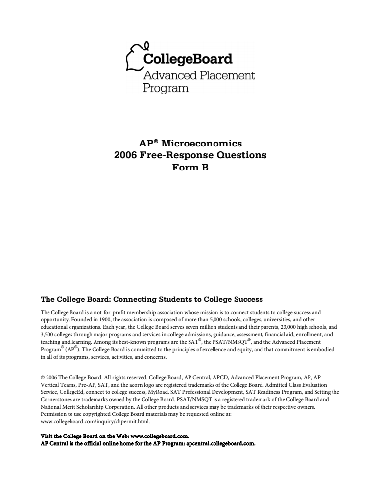 2006 AP® Microeconomics Free-Response Questions Form B AP Test Prep