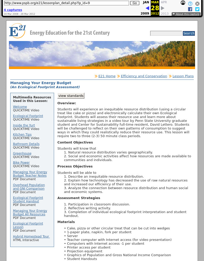 Managing Your Energy Budget Lesson Plan