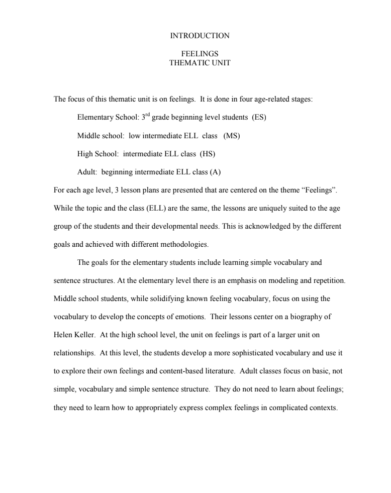 Feelings - Thematic Unit Unit Plan