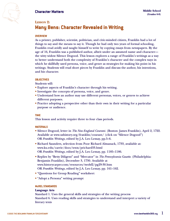 Many Bens: Character Revealed in Writing Lesson Plan