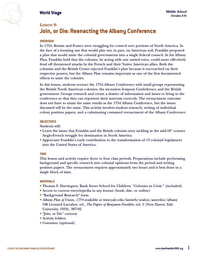 Join, or Die: Reenacting the Albany Conference Lesson Plan