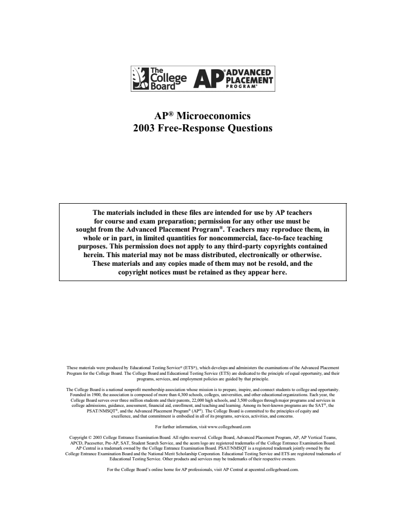 2003 AP® Microeconomics Free-Response Questions AP Test Prep