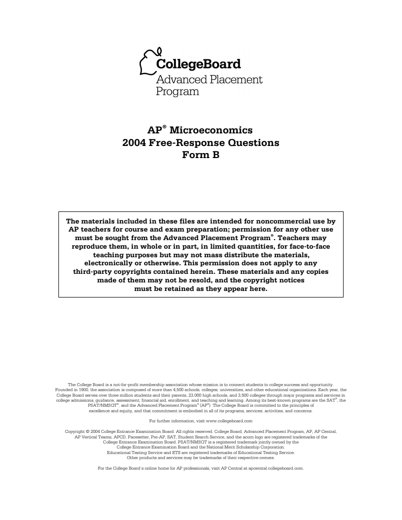 2004 AP® Microeconomics Free-Response Questions Form B AP Test Prep