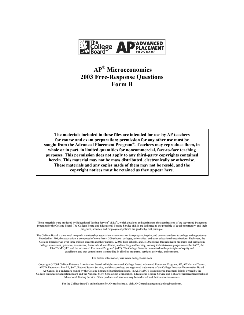 2003 AP® Microeconomics Free-Response Questions Form B AP Test Prep