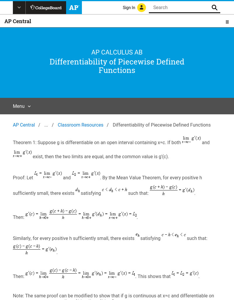 Differentiability of Piecewise Defined Functions AP Test Prep