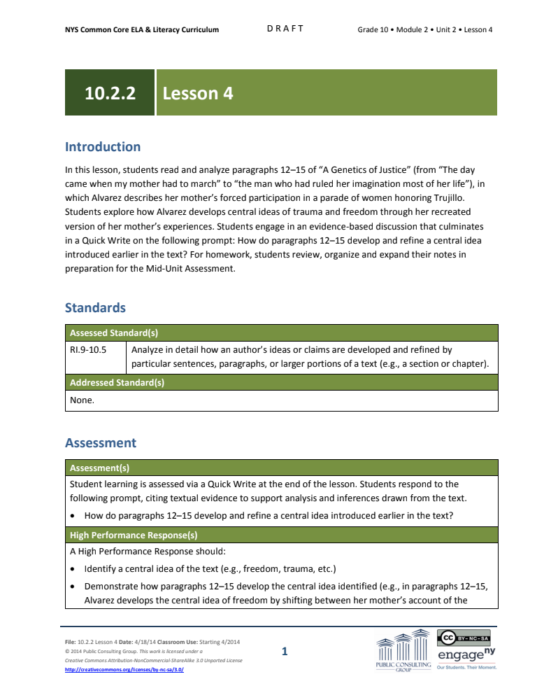 Grade 10 ELA Module 2: Unit 2, Lesson 4 Lesson Plan