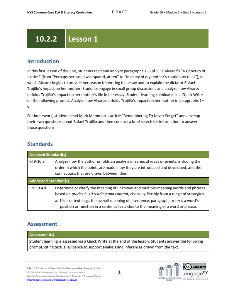 Grade 10 ELA Module 2: Unit 2, Lesson 1 Lesson Plan
