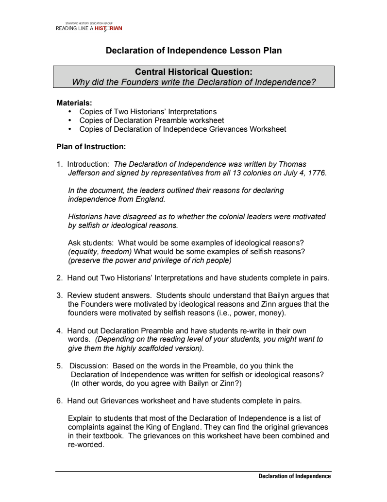 Declaration of Independence Lesson Plan