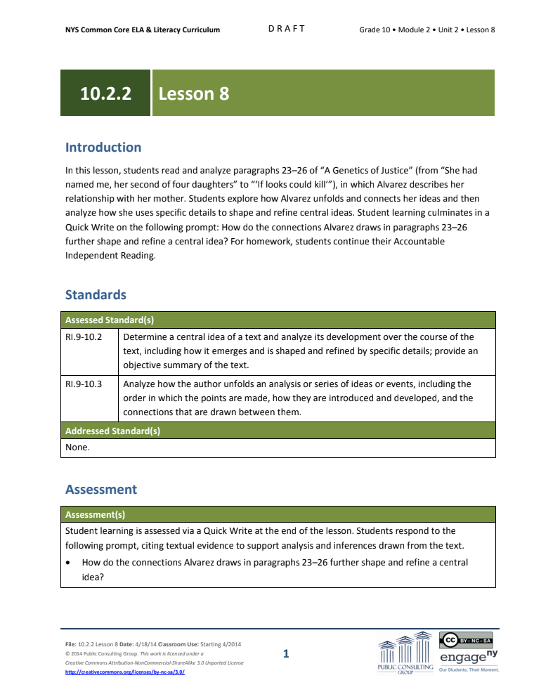 Grade 10 ELA Module 2: Unit 2, Lesson 8 Lesson Plan