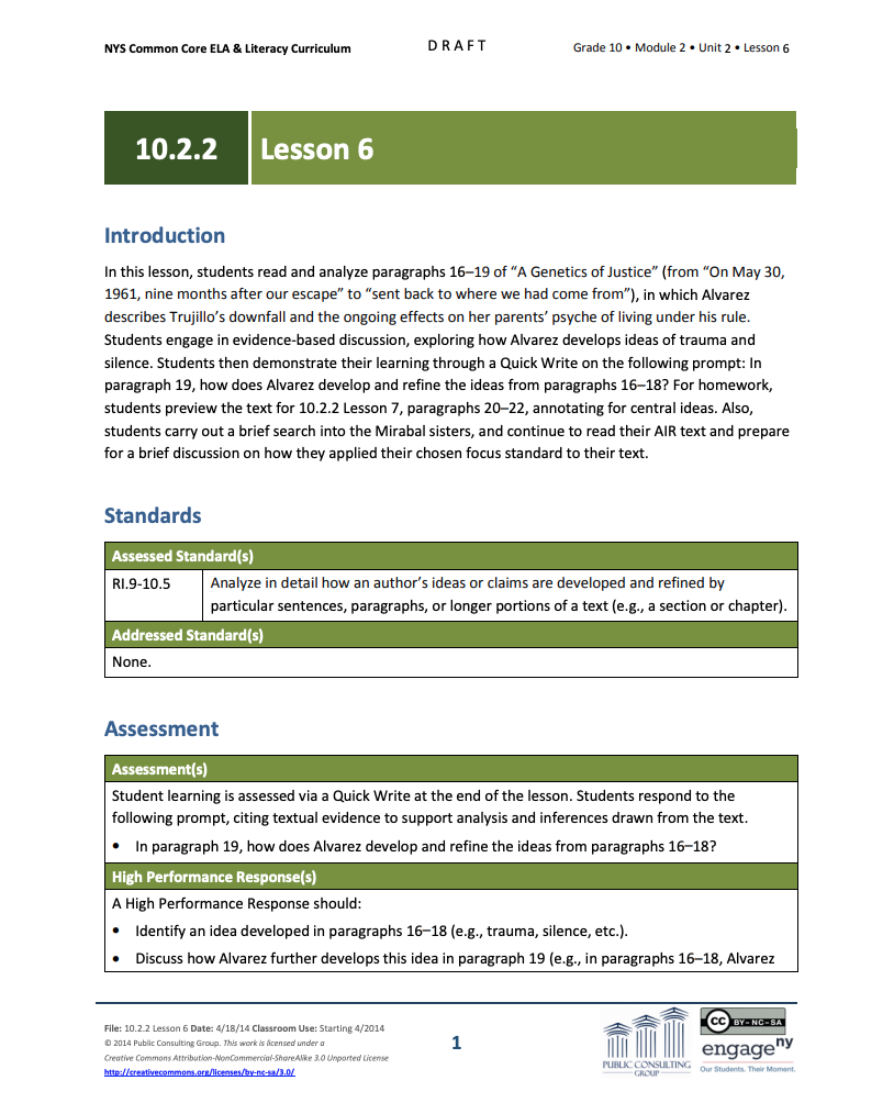 Grade 10 ELA Module 2: Unit 2, Lesson 6 Lesson Plan