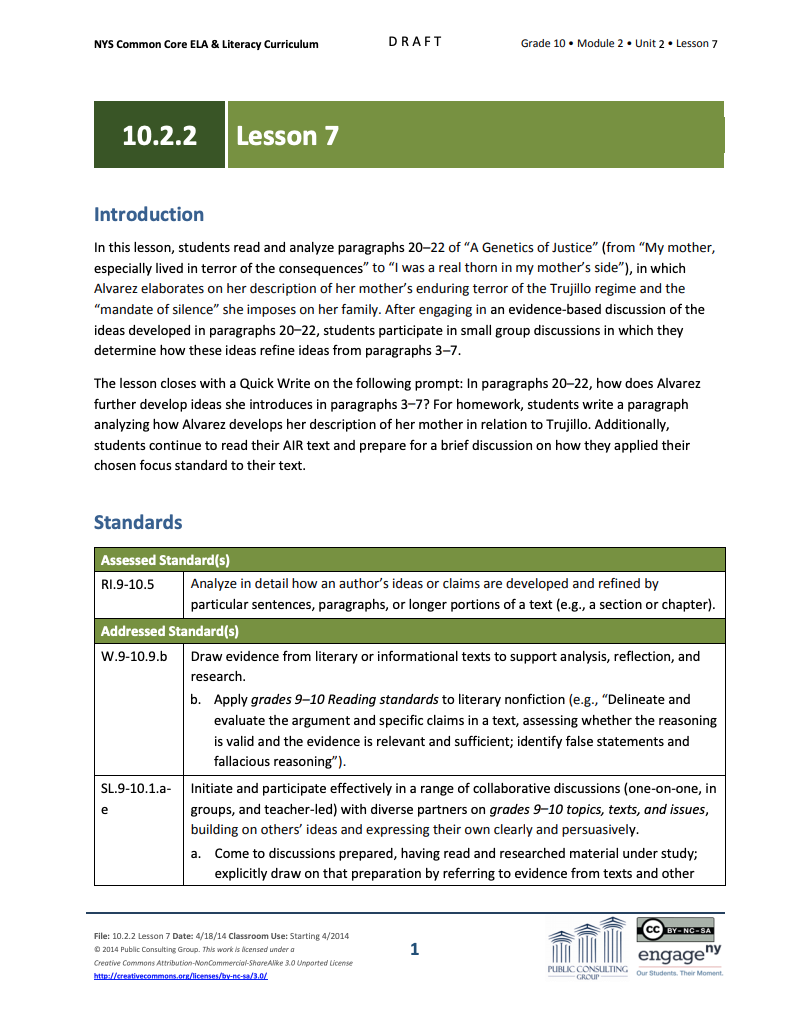 Grade 10 ELA Module 2: Unit 2, Lesson 7 Lesson Plan