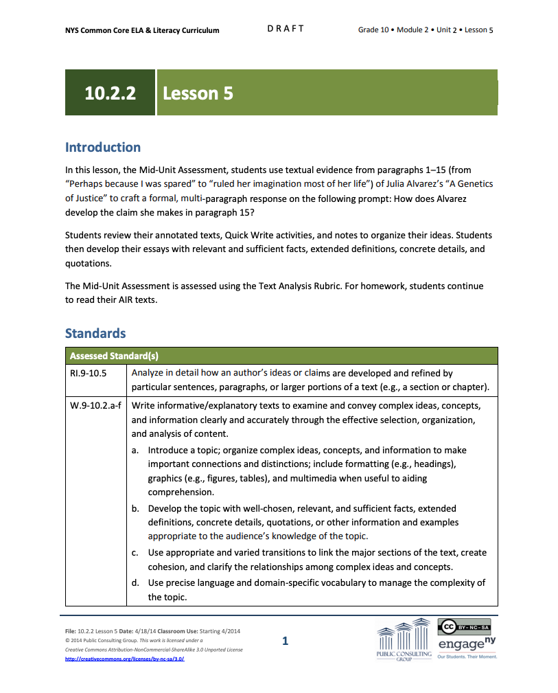 Grade 10 ELA Module 2: Unit 2, Lesson 5 Lesson Plan
