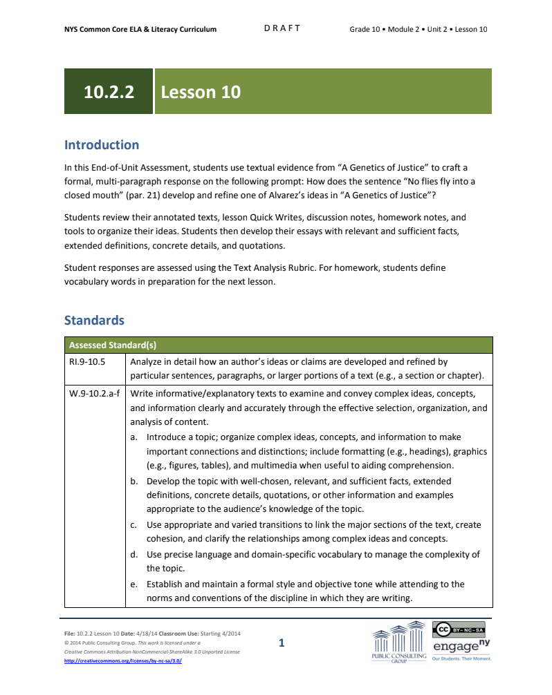 Grade 10 ELA Module 2: Unit 2, Lesson 10 Lesson Plan