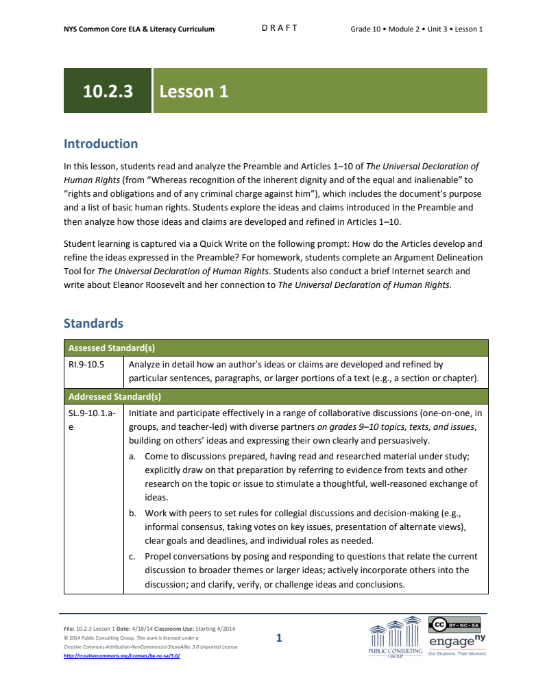Grade 10 ELA Module 2: Unit 3, Lesson 1 Lesson Plan