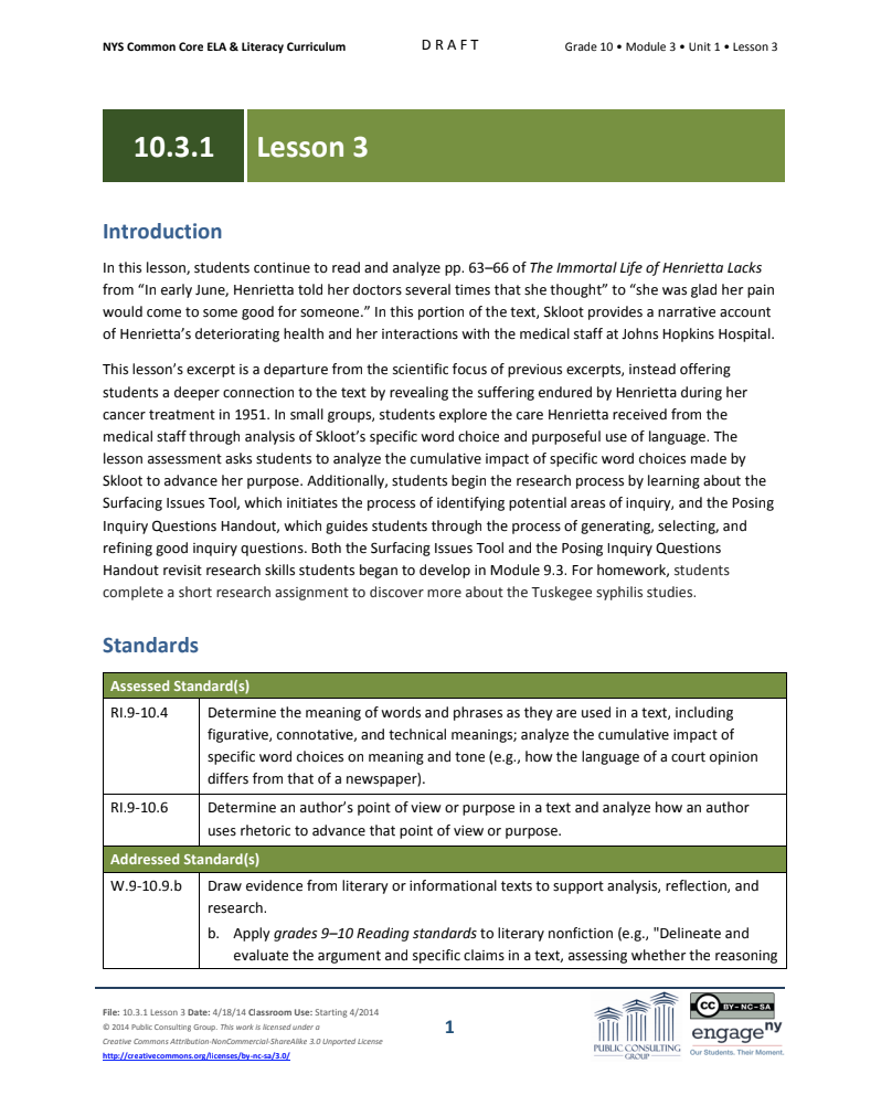 Grade 10 ELA Module 3: Unit 1, Lesson 3 Lesson Plan