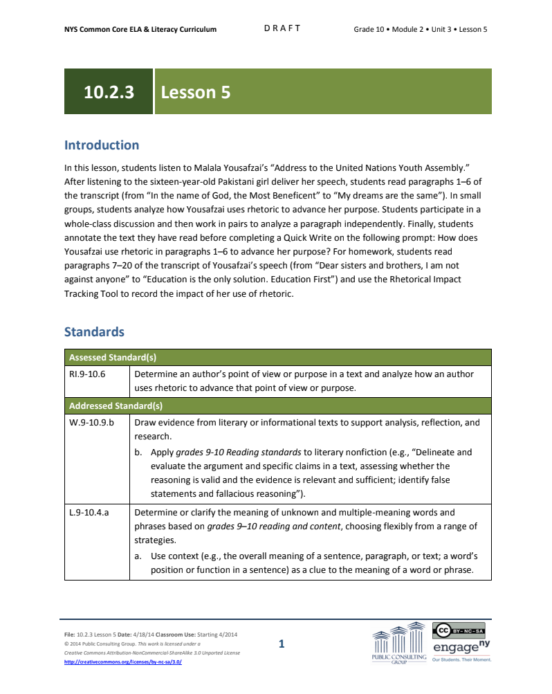 Grade 10 ELA Module 2: Unit 3, Lesson 5 Lesson Plan