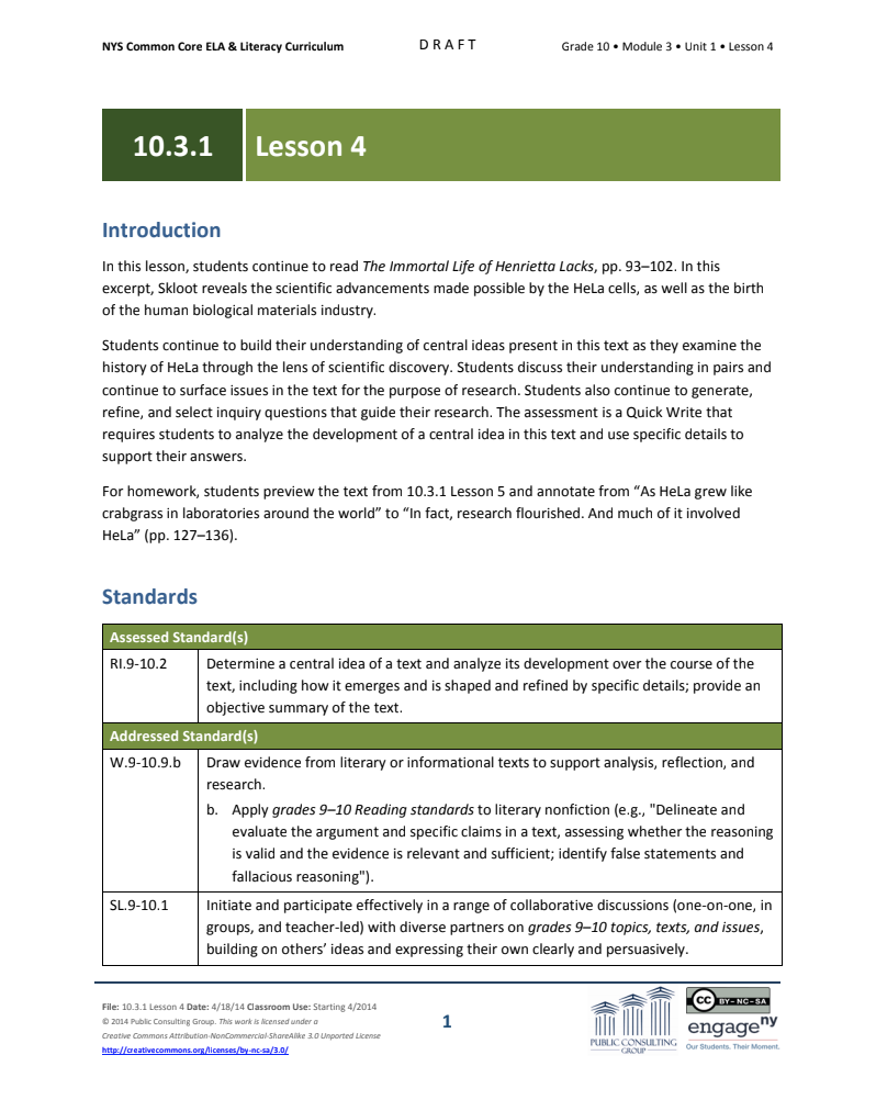 Grade 10 ELA Module 3: Unit 1, Lesson 4 Lesson Plan