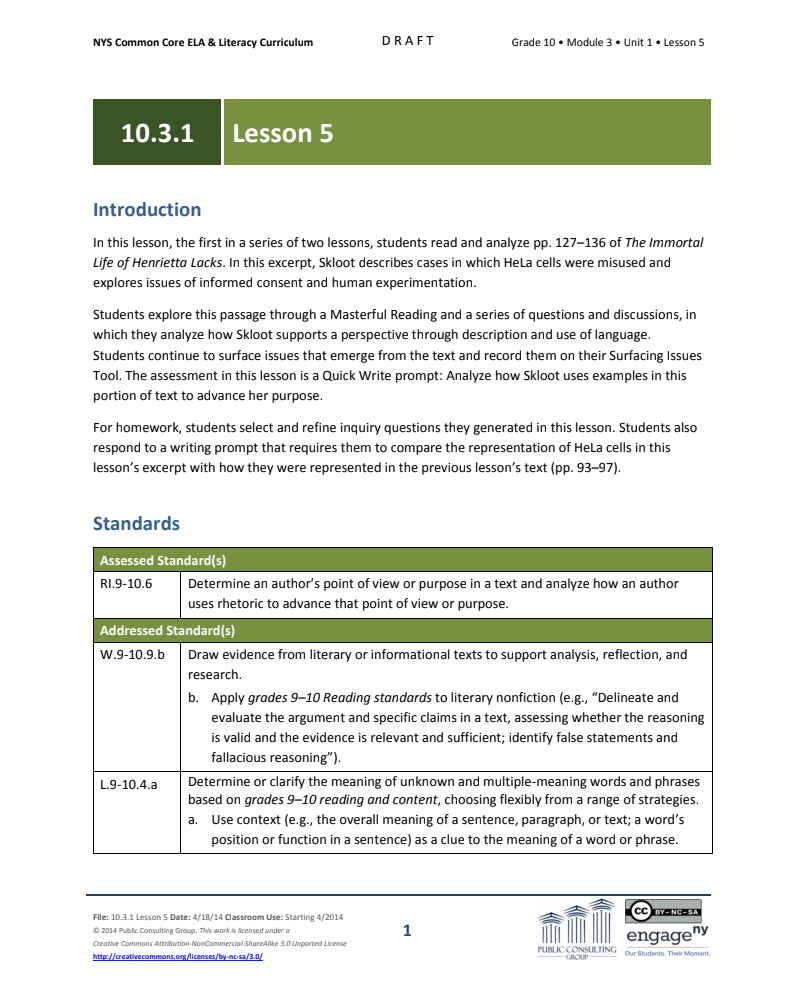 Grade 10 ELA Module 3: Unit 1, Lesson 5 Lesson Plan