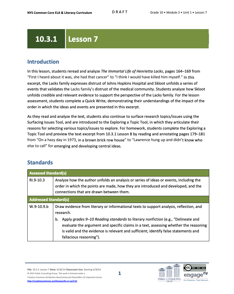 Grade 10 ELA Module 3: Unit 1, Lesson 7 Lesson Plan