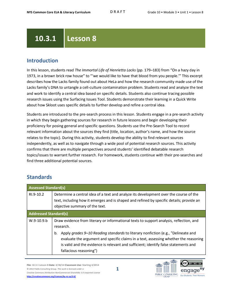 Grade 10 ELA Module 3: Unit 1, Lesson 8 Lesson Plan
