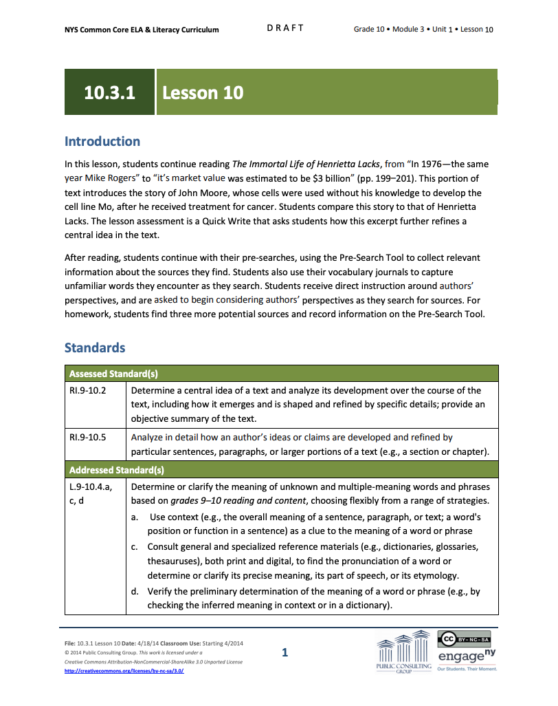 Grade 10 ELA Module 3: Unit 1, Lesson 10 Lesson Plan