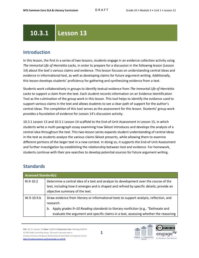 Grade 10 ELA Module 3: Unit 1, Lesson 13 Lesson Plan