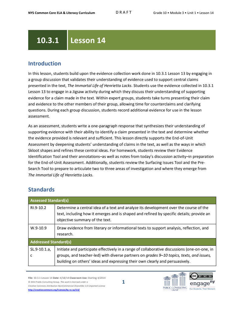 Grade 10 ELA Module 3: Unit 1, Lesson 14 Lesson Plan