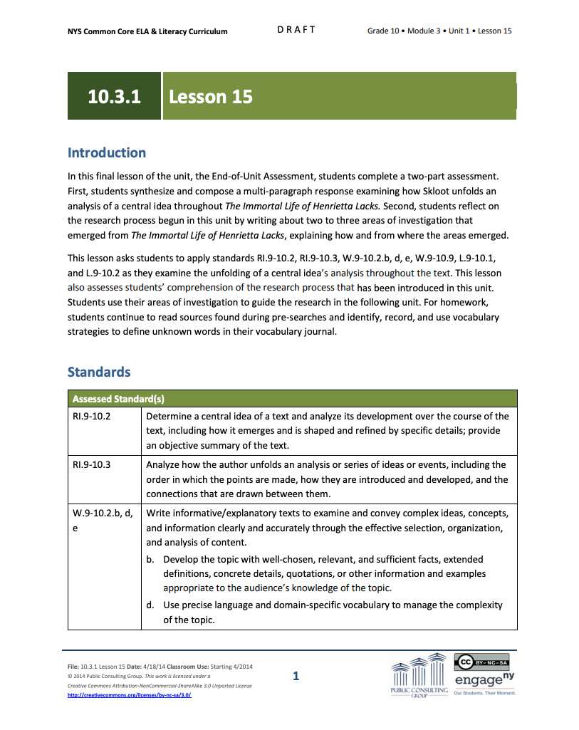 Grade 10 ELA Module 3: Unit 1, Lesson 15 Lesson Plan