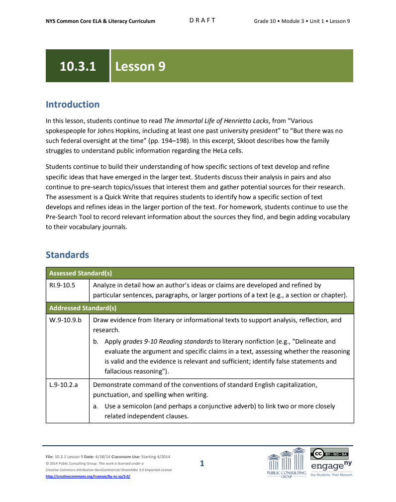 Grade 10 ELA Module 3: Unit 1, Lesson 9 Lesson Plan