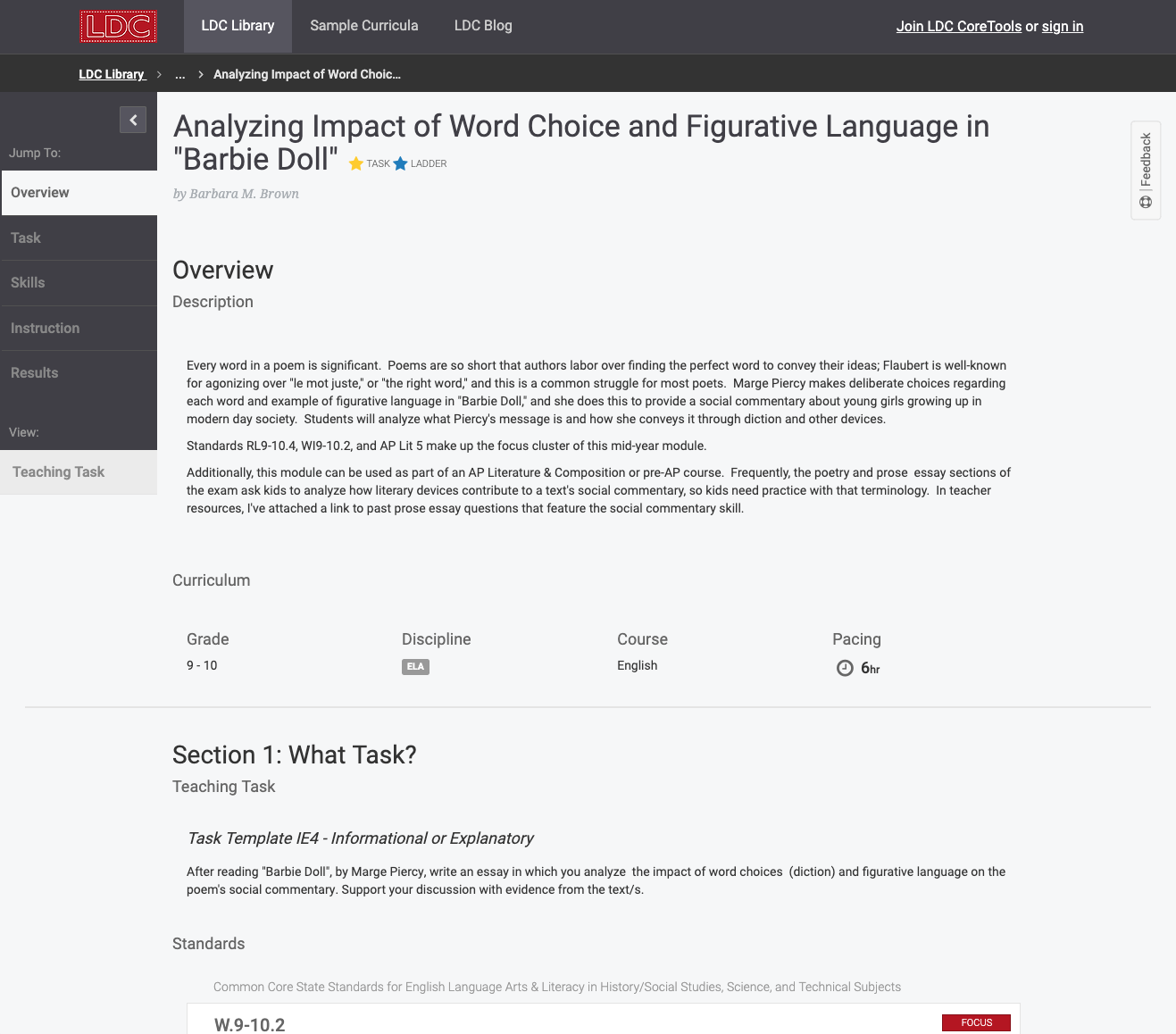 Analyzing Impact of Word Choice and Figurative Language in "Barbie Doll" Lesson Plan