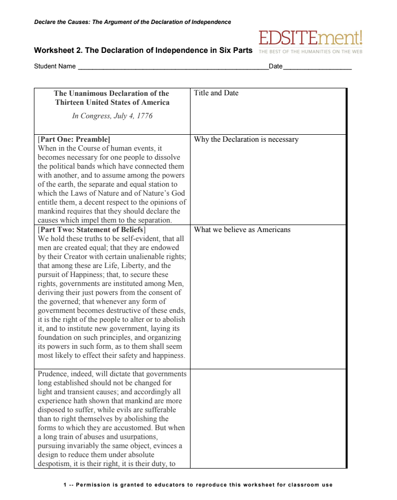 The Declaration of Independence in Six Parts Worksheet