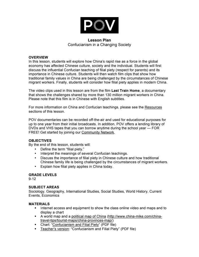 Confucianism in a Changing Society Lesson Plan