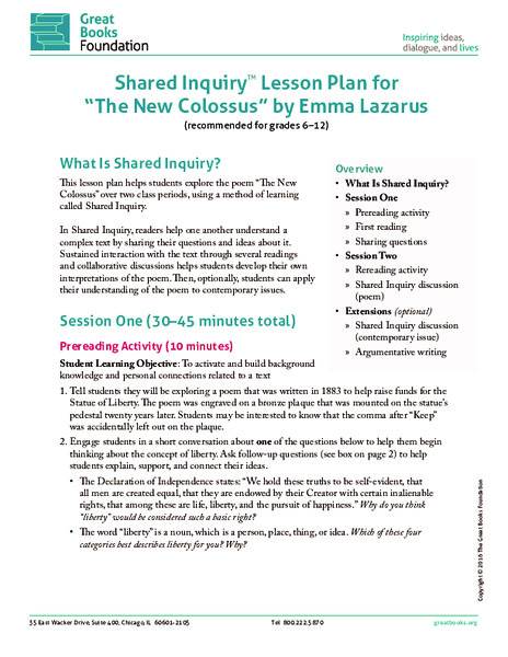Shared Inquiry Lesson Plan for “The New Colossus” Activity