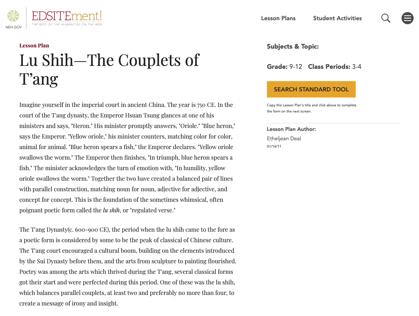 Lu Shih — The Couplets of T’ang Lesson Plan