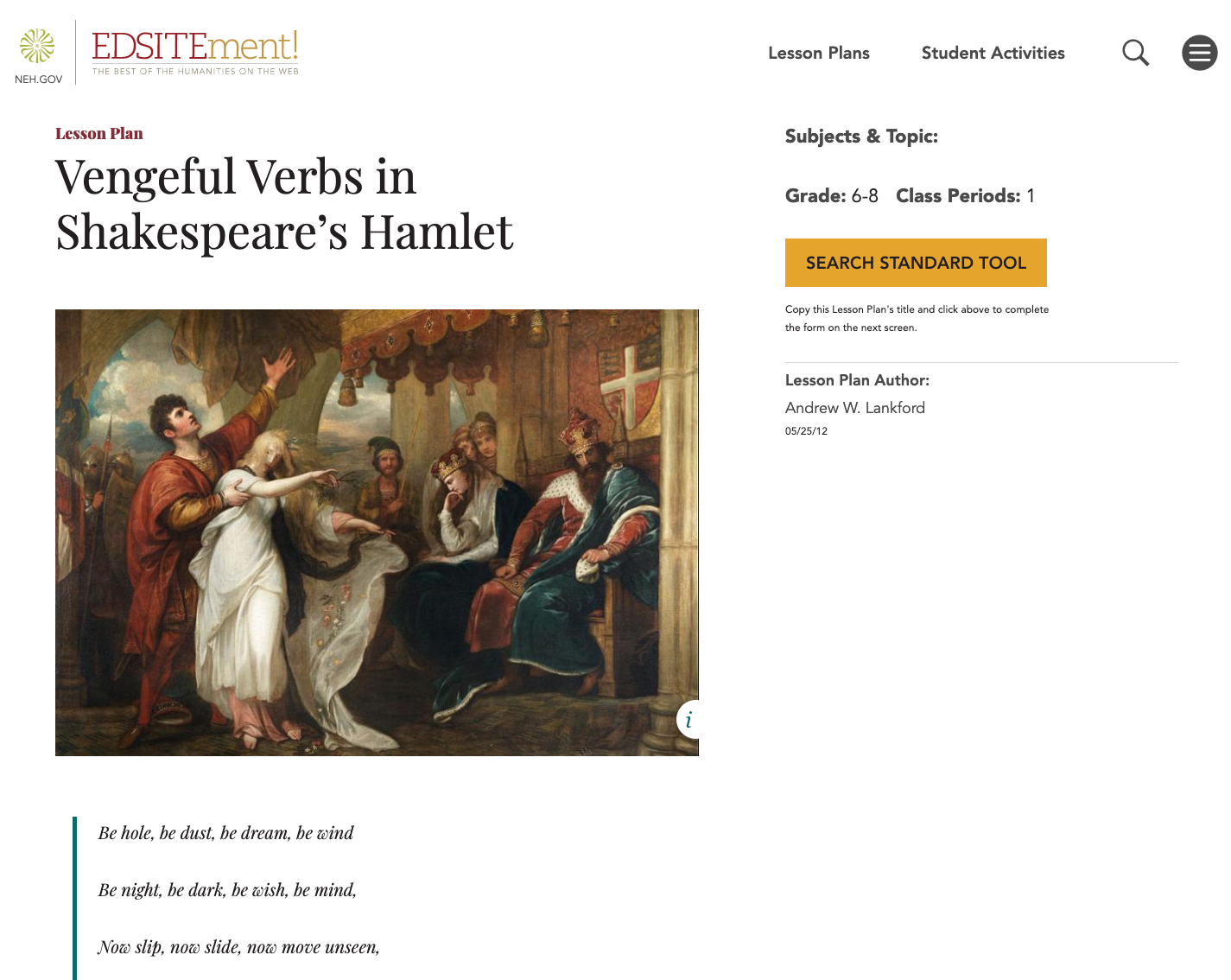Vengeful Verbs in Shakespeare’s “Hamlet” Lesson Plan