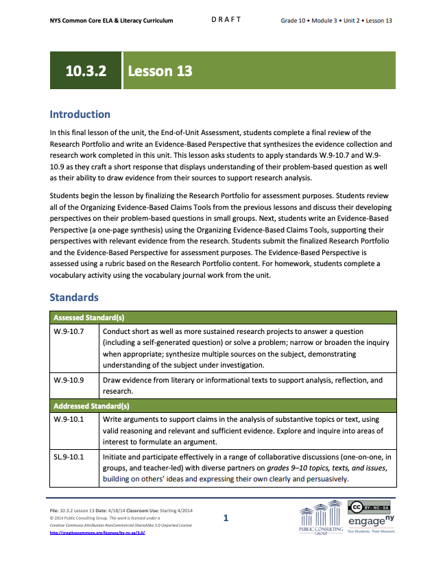 Grade 10 ELA Module 3: Unit 2, Lesson 13 Lesson Plan