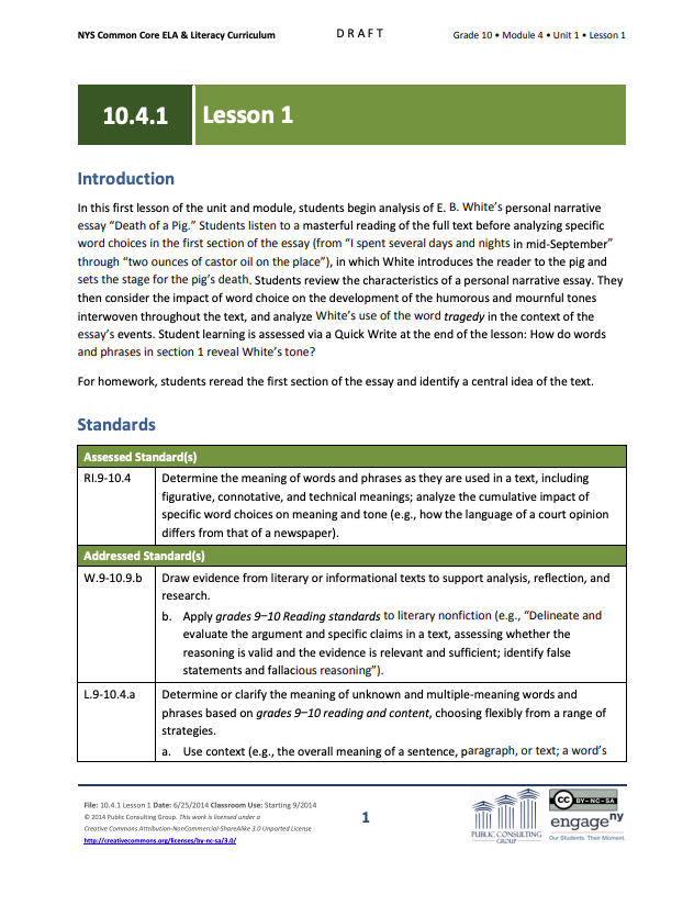 Grade 10 ELA Module 4: Unit 1, Lesson 1 Lesson Plan