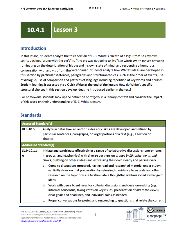 Grade 10 ELA Module 4: Unit 1, Lesson 3 Lesson Plan